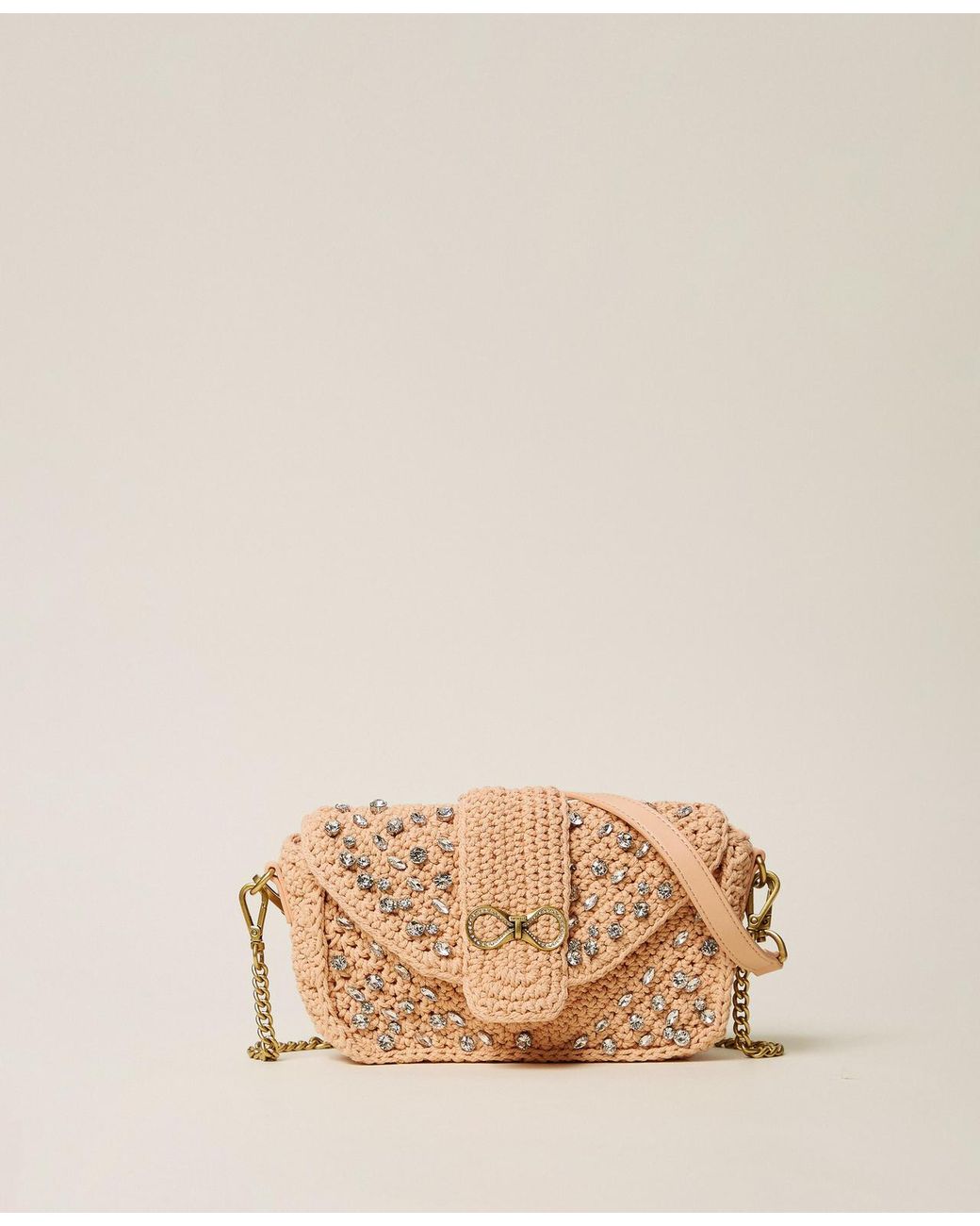 Twinset Natural Crochet Shoulder Bag With Rhinestones