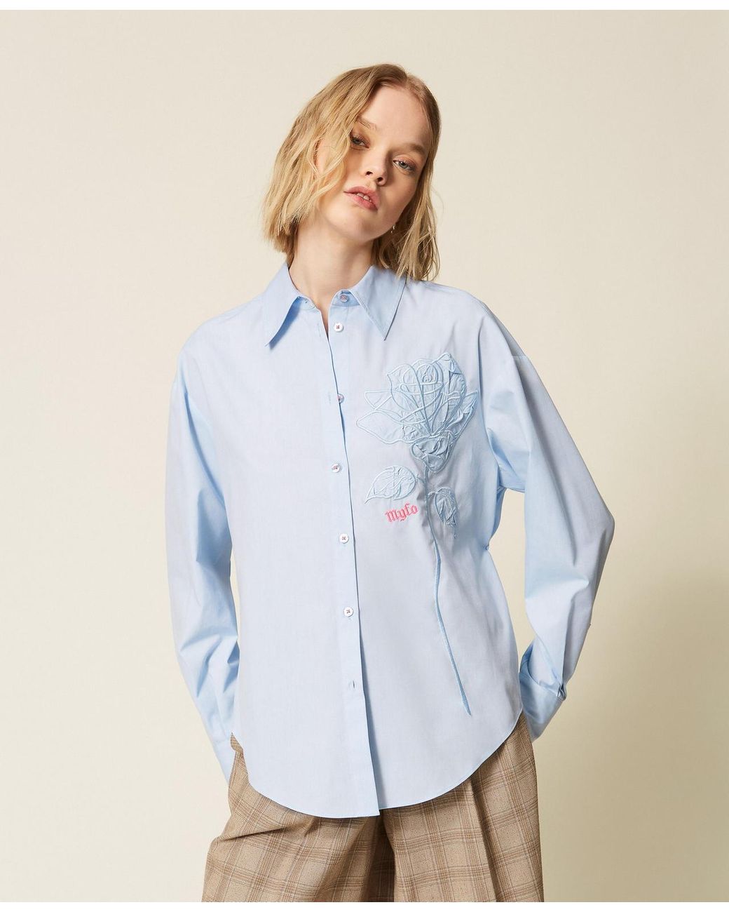 Twinset Blue Myfo Shirt With Embroidered Rose