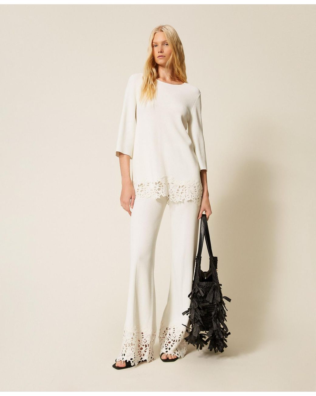 Twinset Natural Knit Trousers With Lace