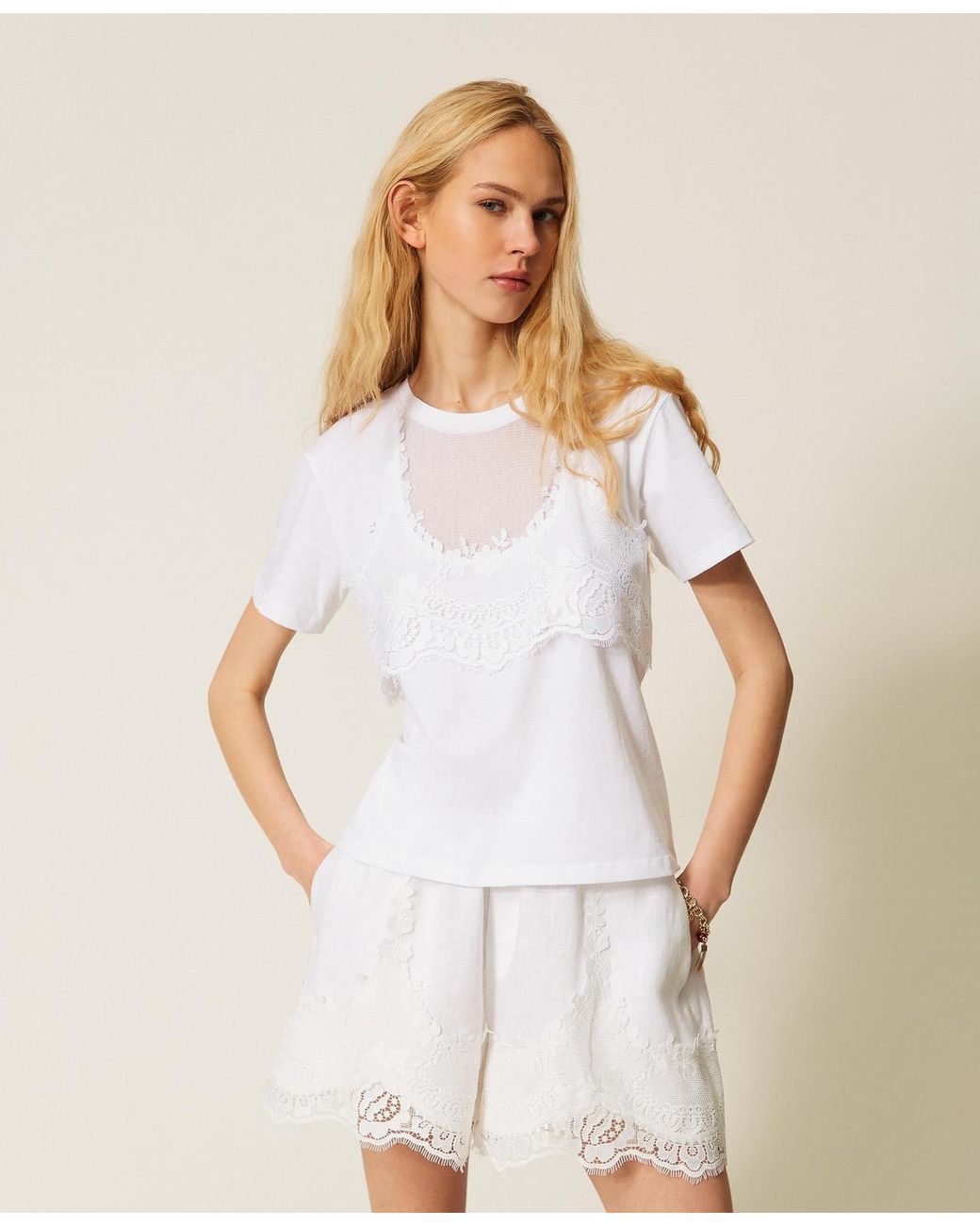 Twinset White Trompe'Oeil T-Shirt With Lace