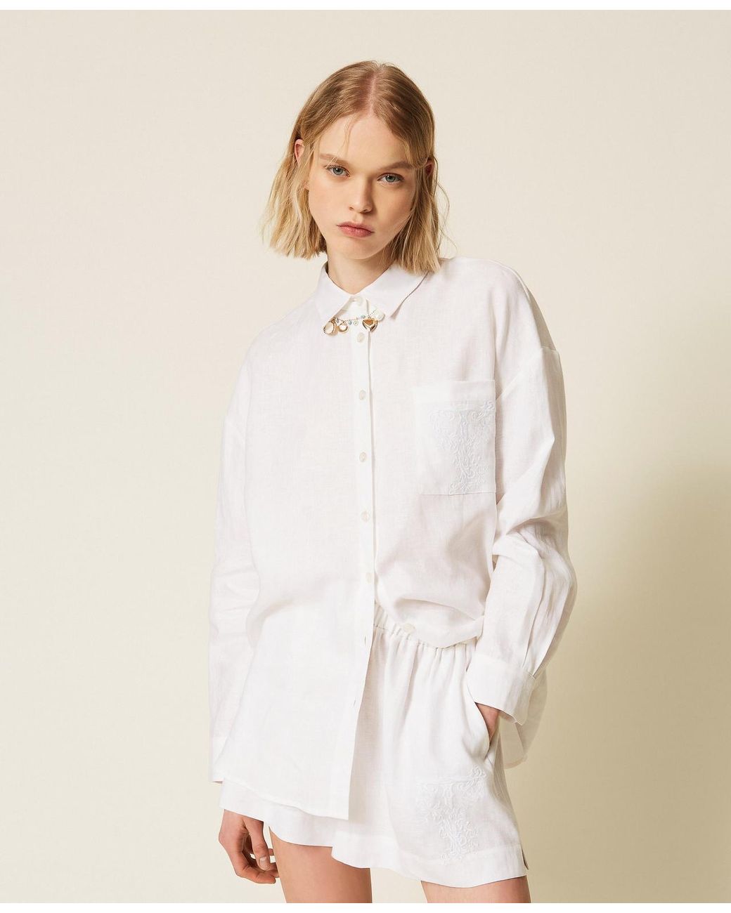 Twinset White Linen Shirt With Embroidered Logo