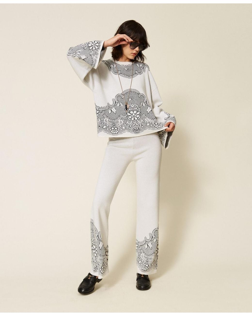 Twinset Natural Jacquard Wool Blend Knit Trousers