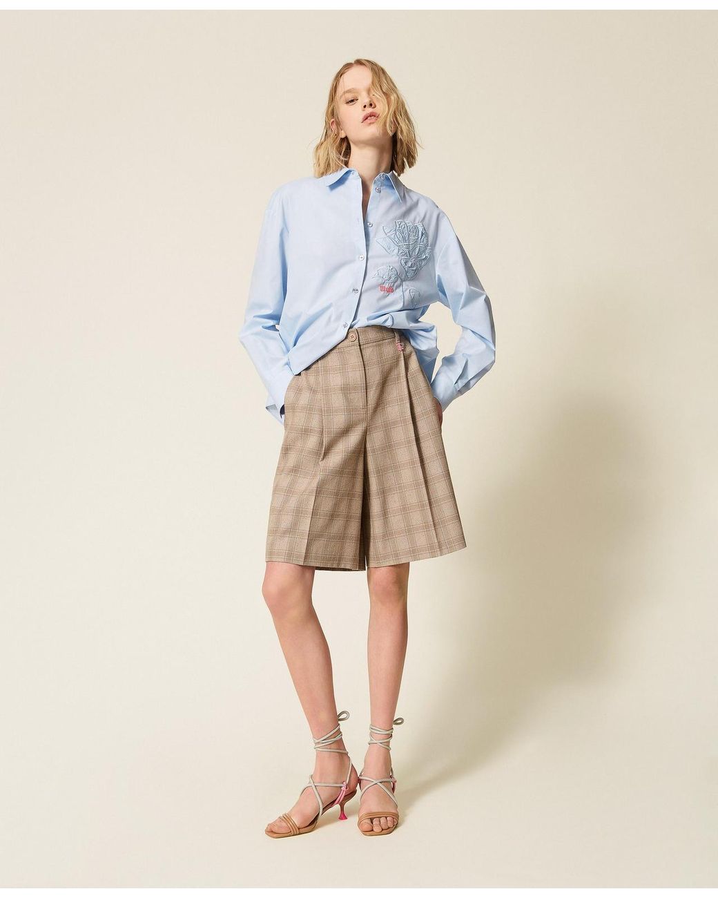 Twinset Blue Myfo Check Shorts With Embroidery