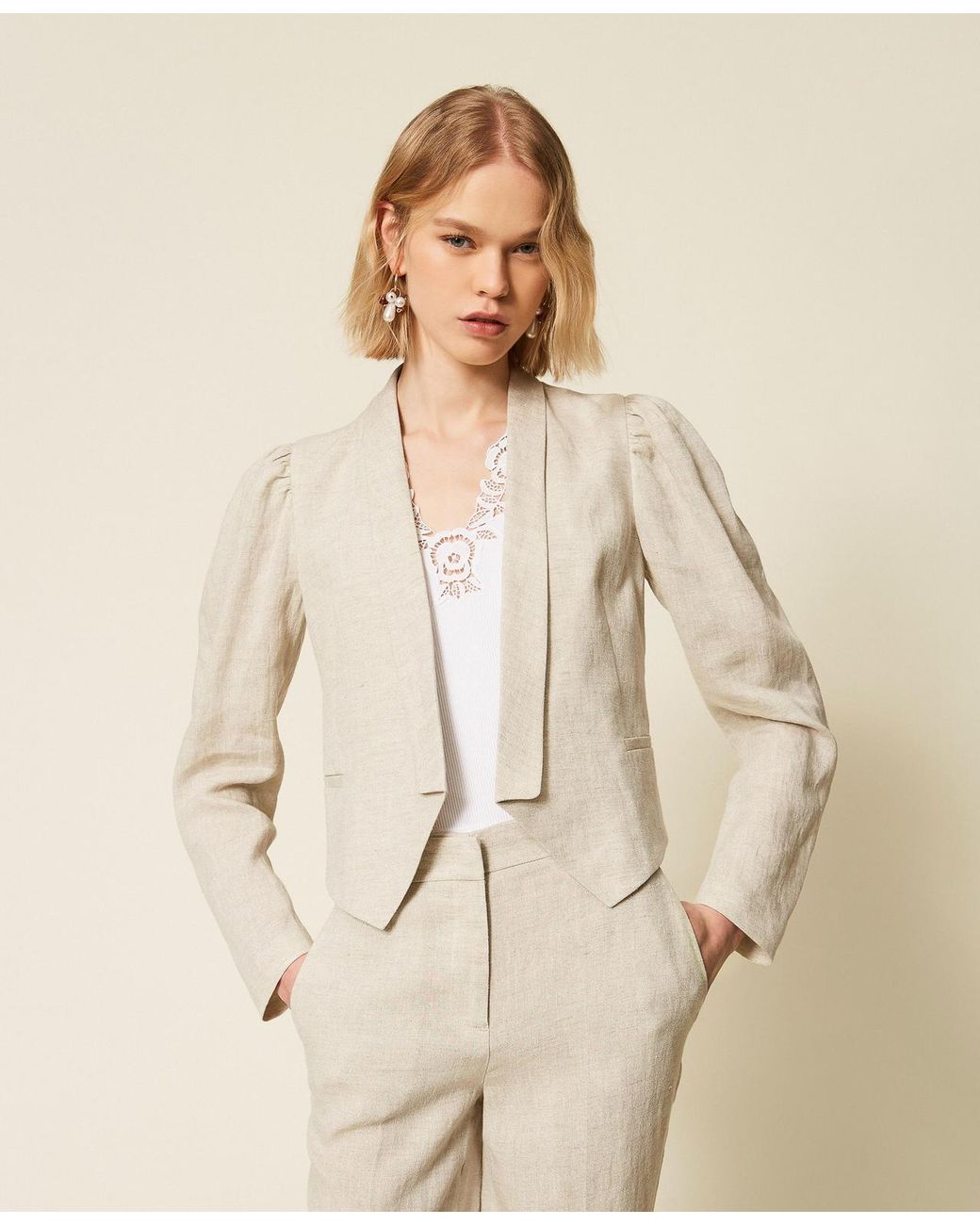 Twinset Natural Linen Cropped Jacket With Lurex