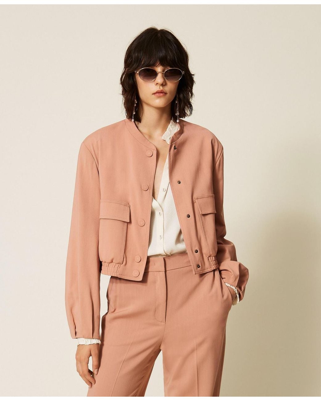 Twinset Natural Twill Bomber Jacket With Pockets