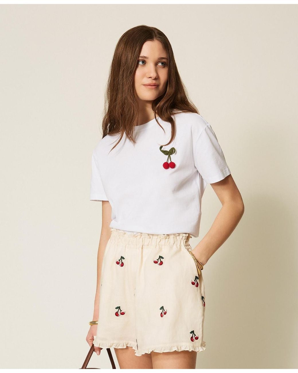 Twinset Natural Regular T-Shirt With Crochet Brooch