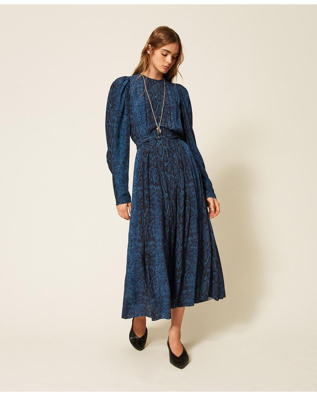 Twinset Blue Long Python Print Crew Neck Dress