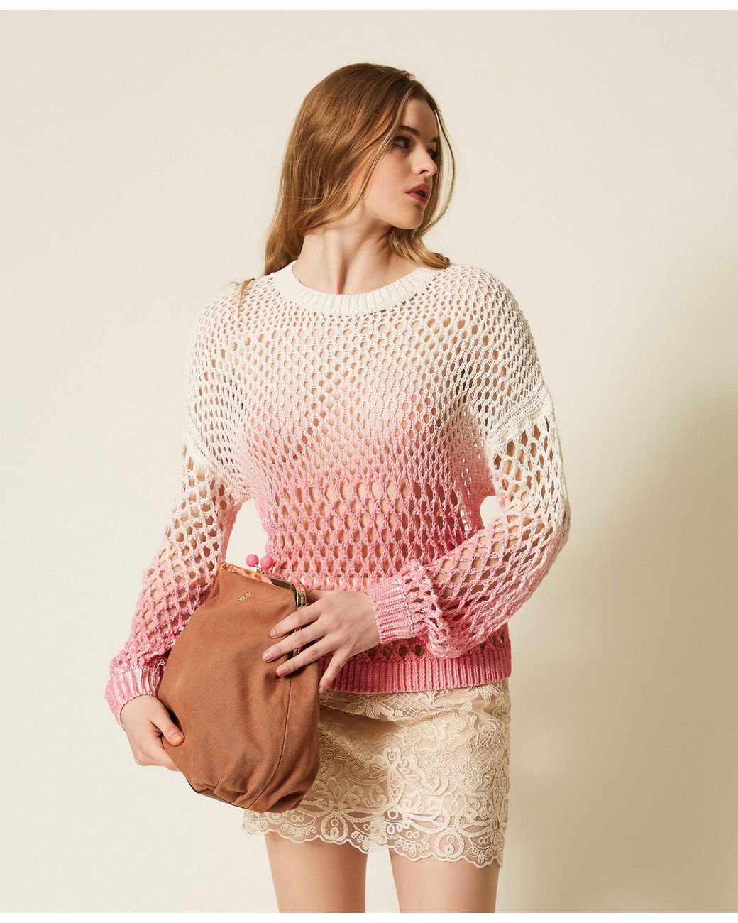 Twinset Pink Myfo Openwork Jumper With Gradual Print