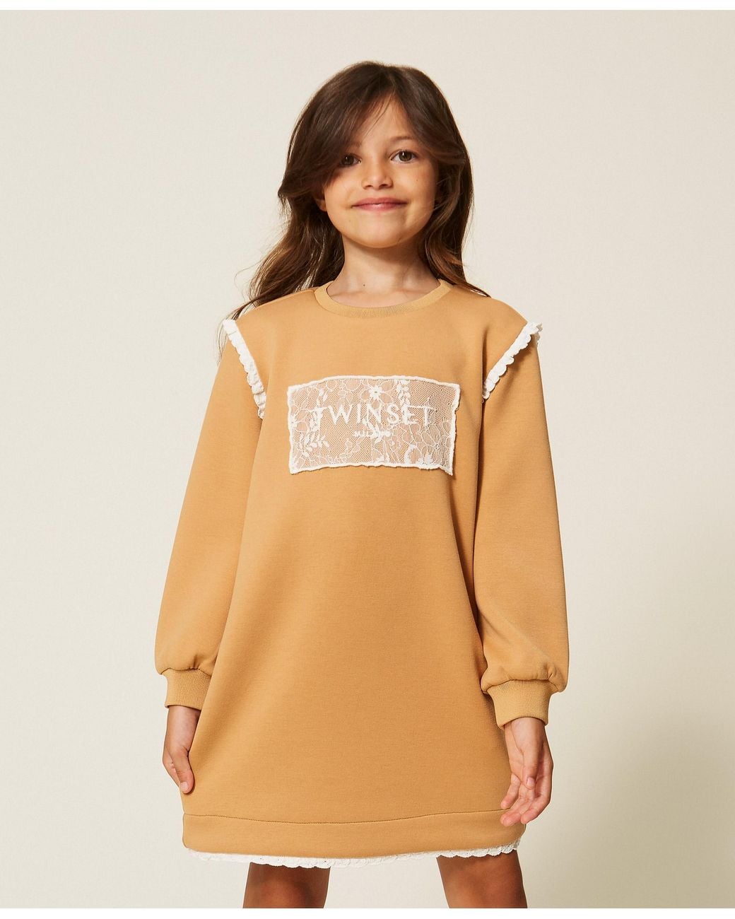 Twinset Natural Baby's Short Scuba Dress With Lace, "Iced Coffee"