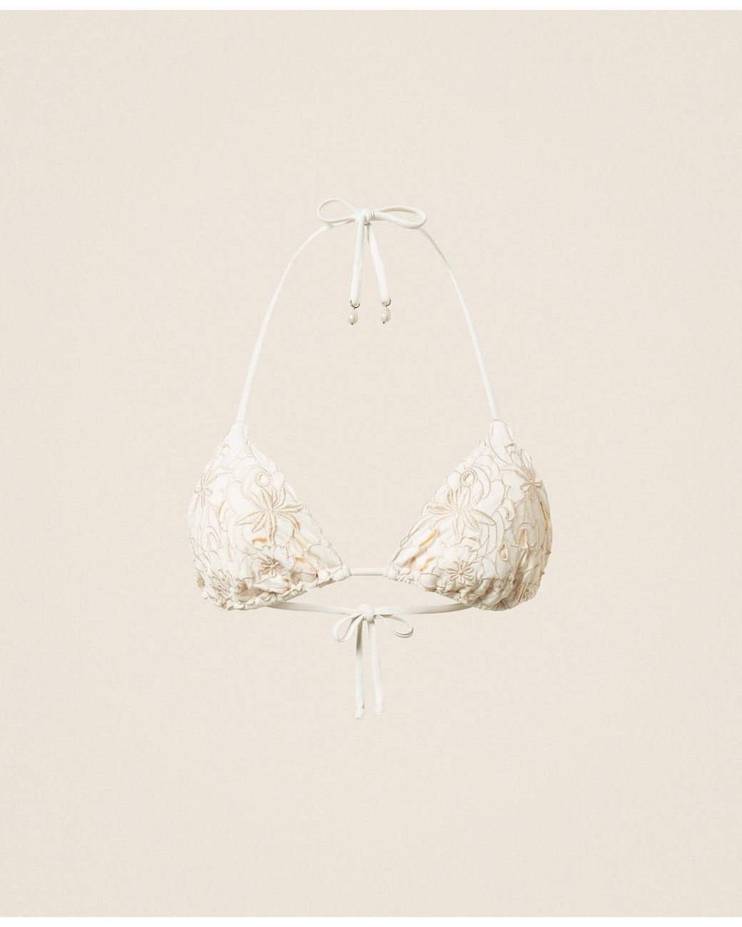 Twinset Natural Triangle Bikini Top With Floral Embroidery