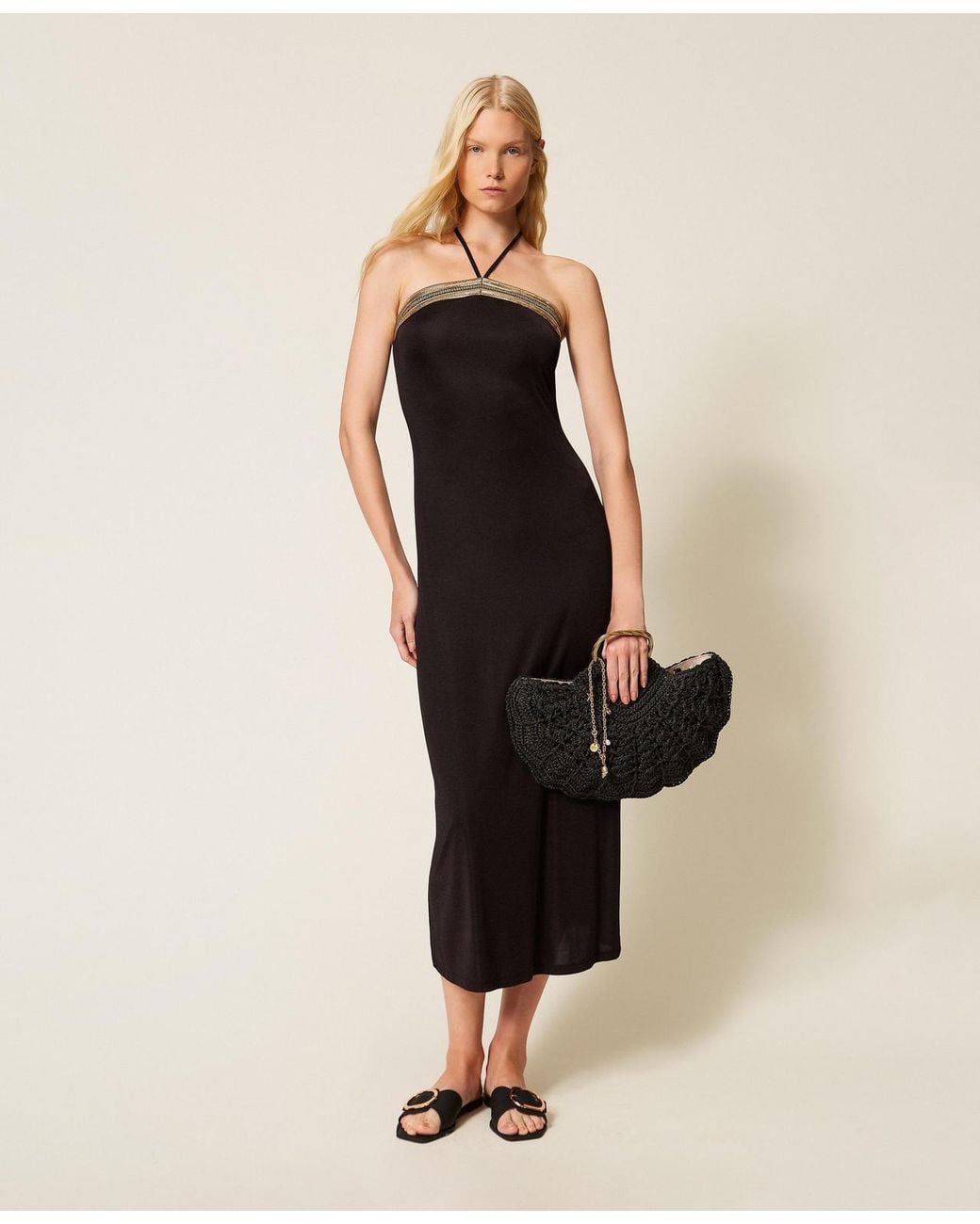 Twinset Natural Long Dress With Sequin Embroidery