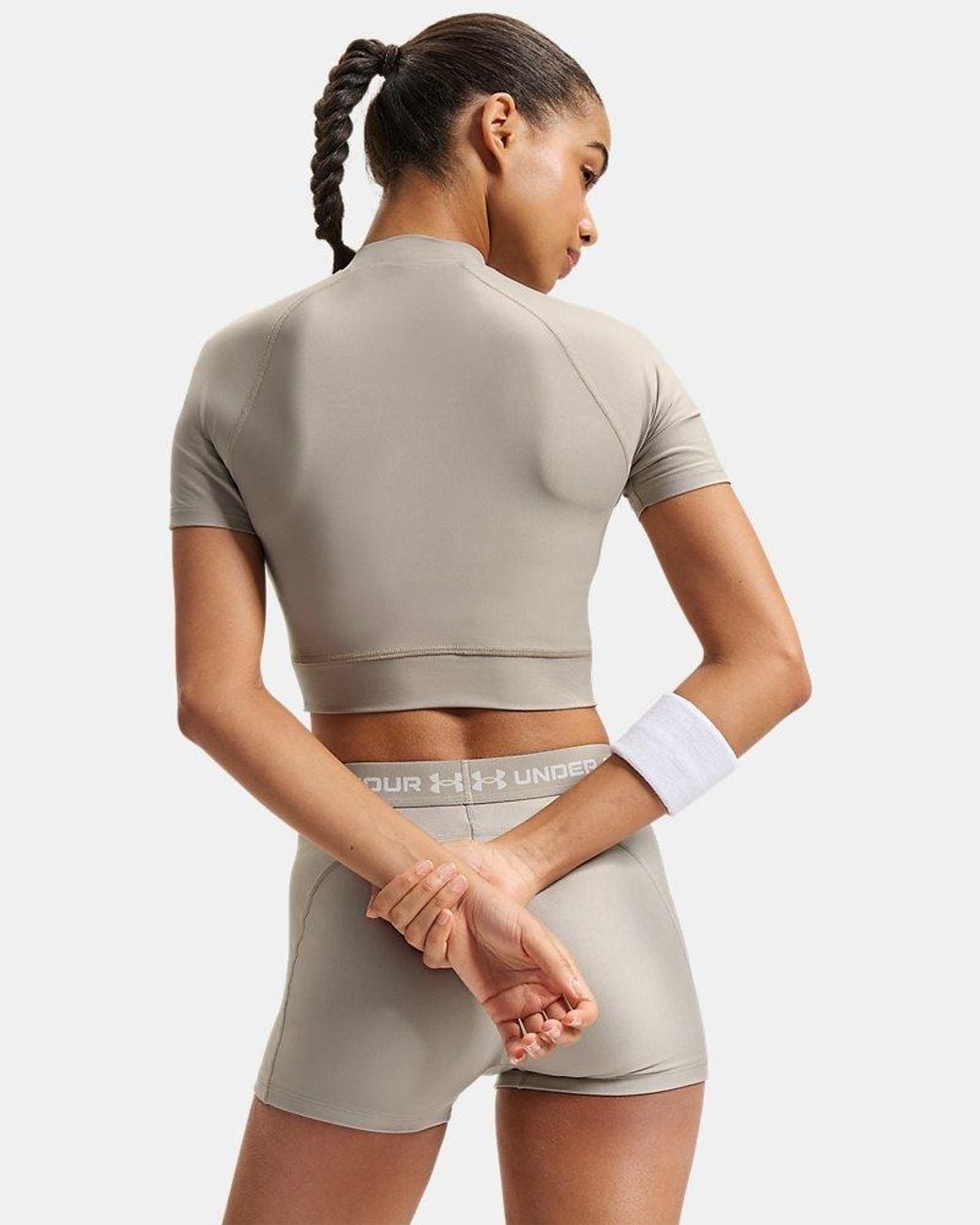 Under Armour Gray Heatgear Crop Mock Short Sleeve Timberwolf Taupe Summit