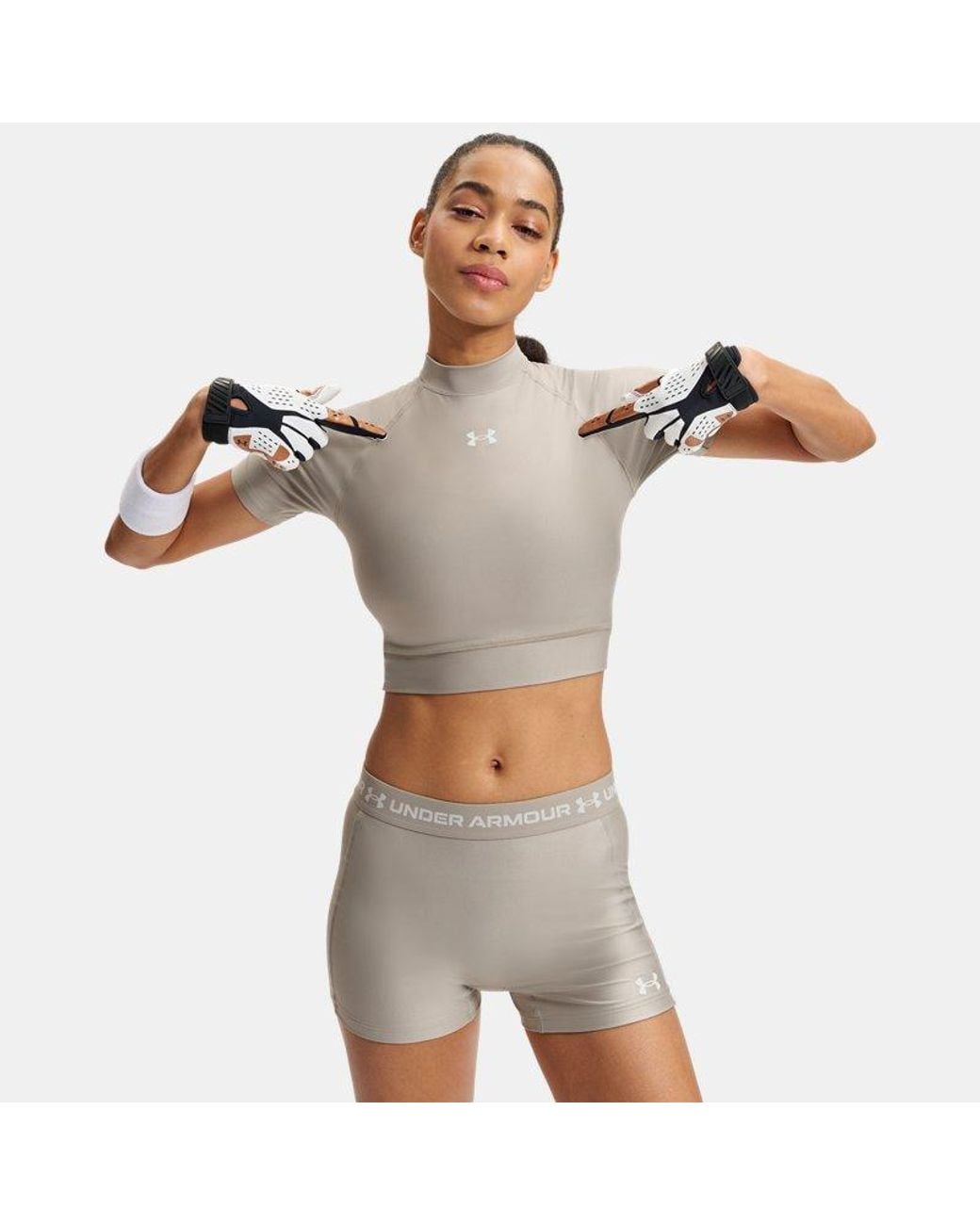 Under Armour Gray Heatgear Crop Mock Short Sleeve Timberwolf Taupe Summit