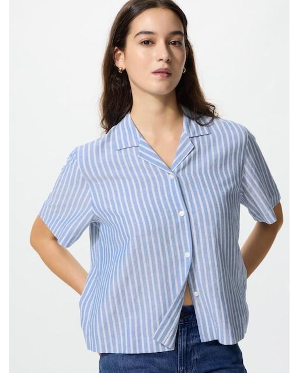 Uniqlo Blue Linen Blend Open Collar Shirt (Striped, Short Sleeve)