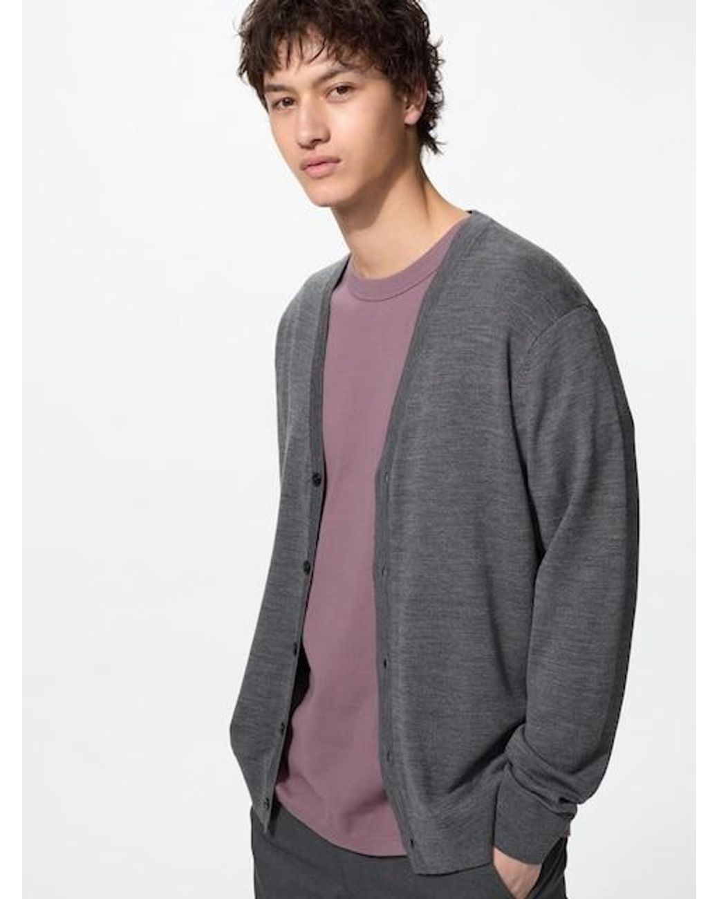 Uniqlo Gray 100% Merino V Neck Cardigan for men