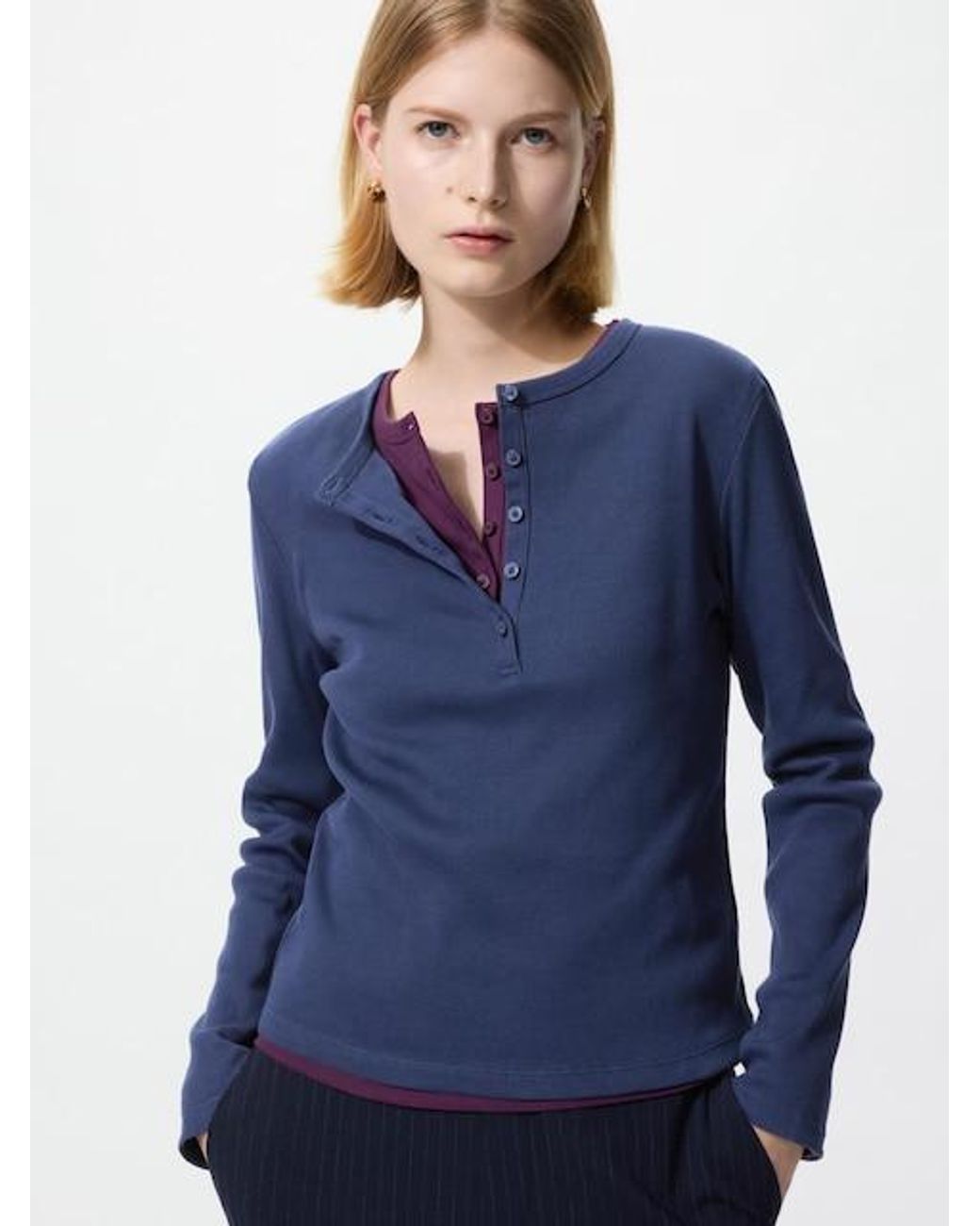 Uniqlo Blue Ribbed Henley Neck Long Sleeve T-Shirt