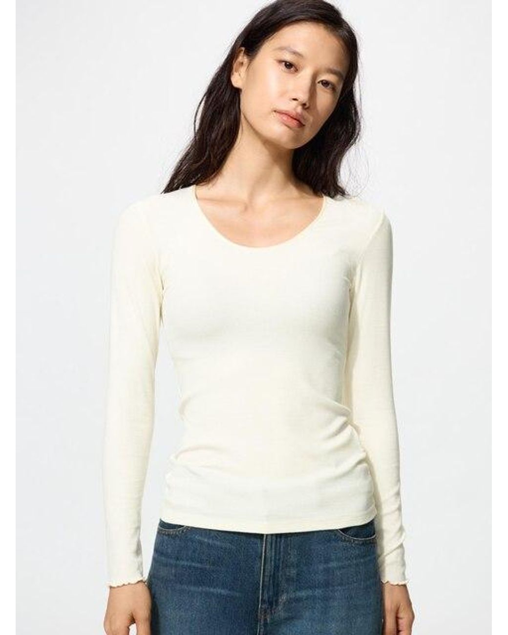 Uniqlo White Heattech Extra Warm Cashmere Blend Ribbed Crew Neck T-Shirt