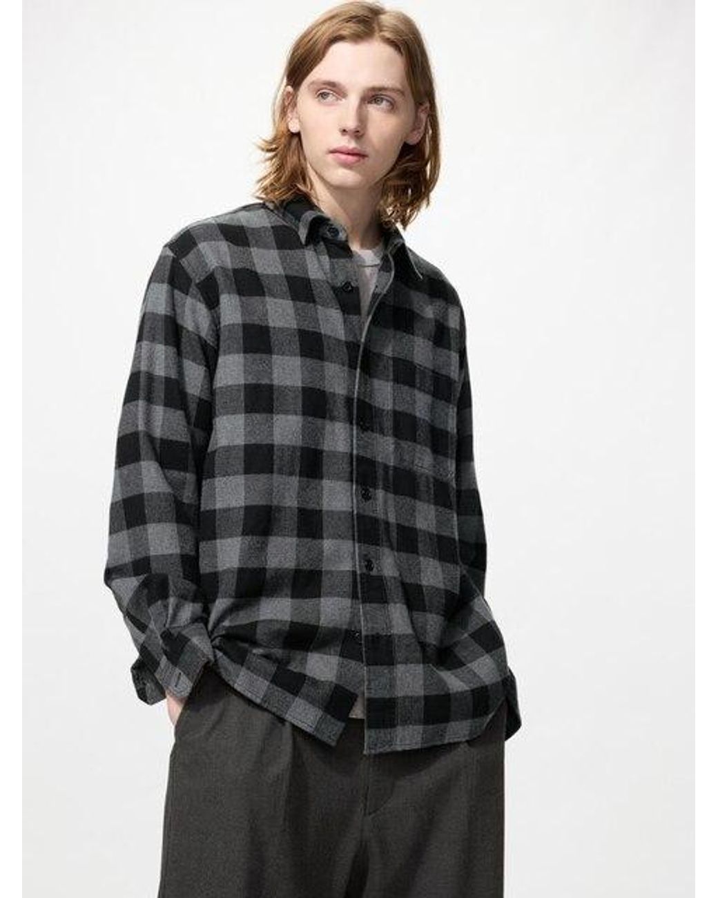 Uniqlo Black Flannel Shirt (Regular Collar, Checked)