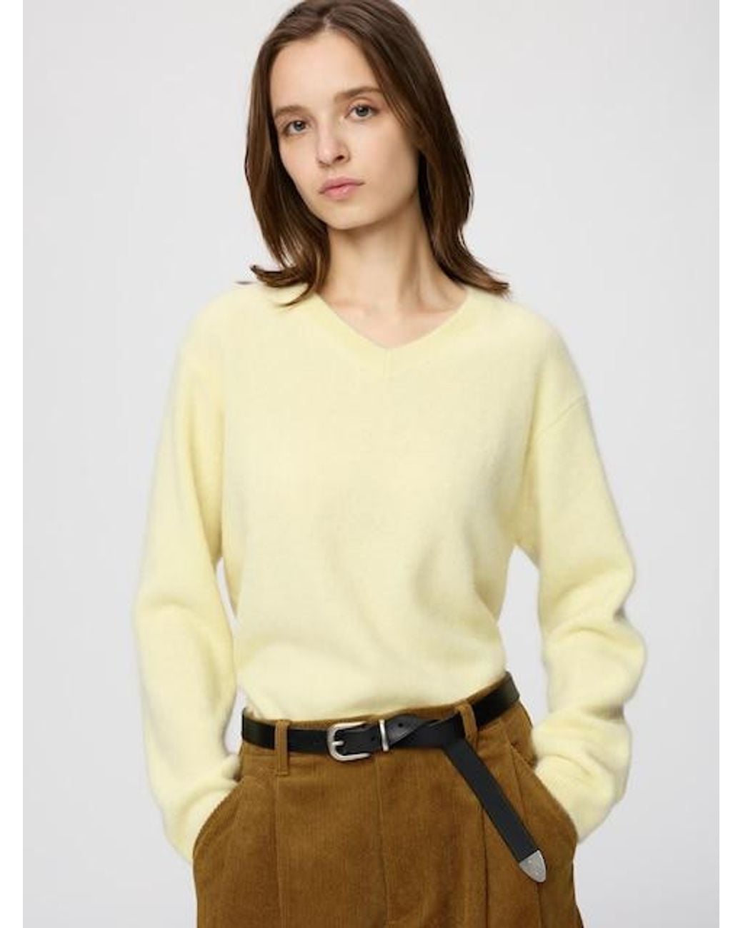Uniqlo Yellow Fluffy 100% Cashmere Relaxed V Neck Jumper
