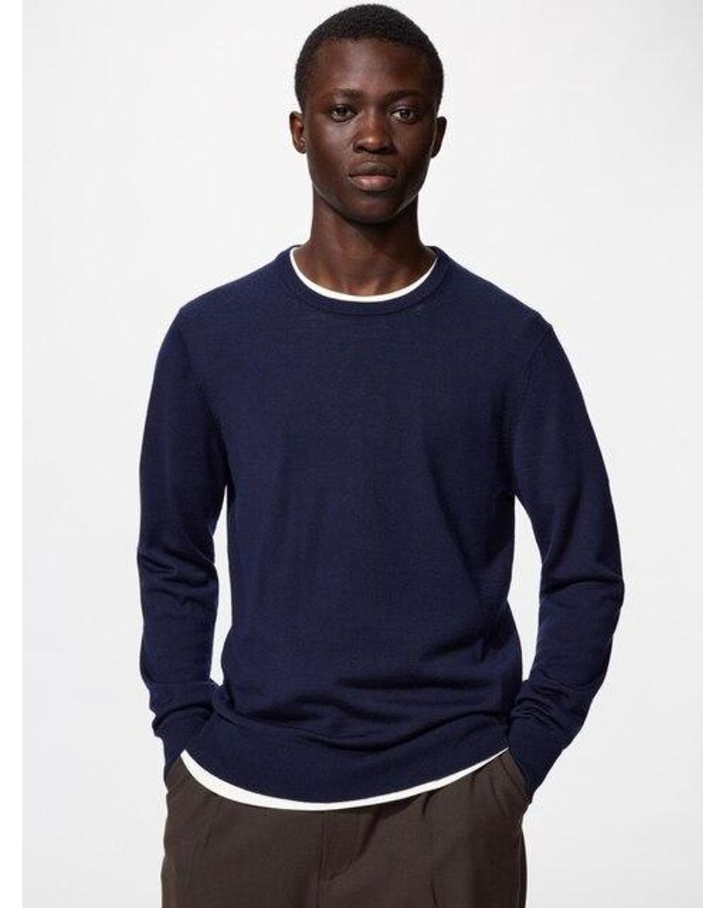 Uniqlo Blue 100% Merino Crew Neck Jumper for men