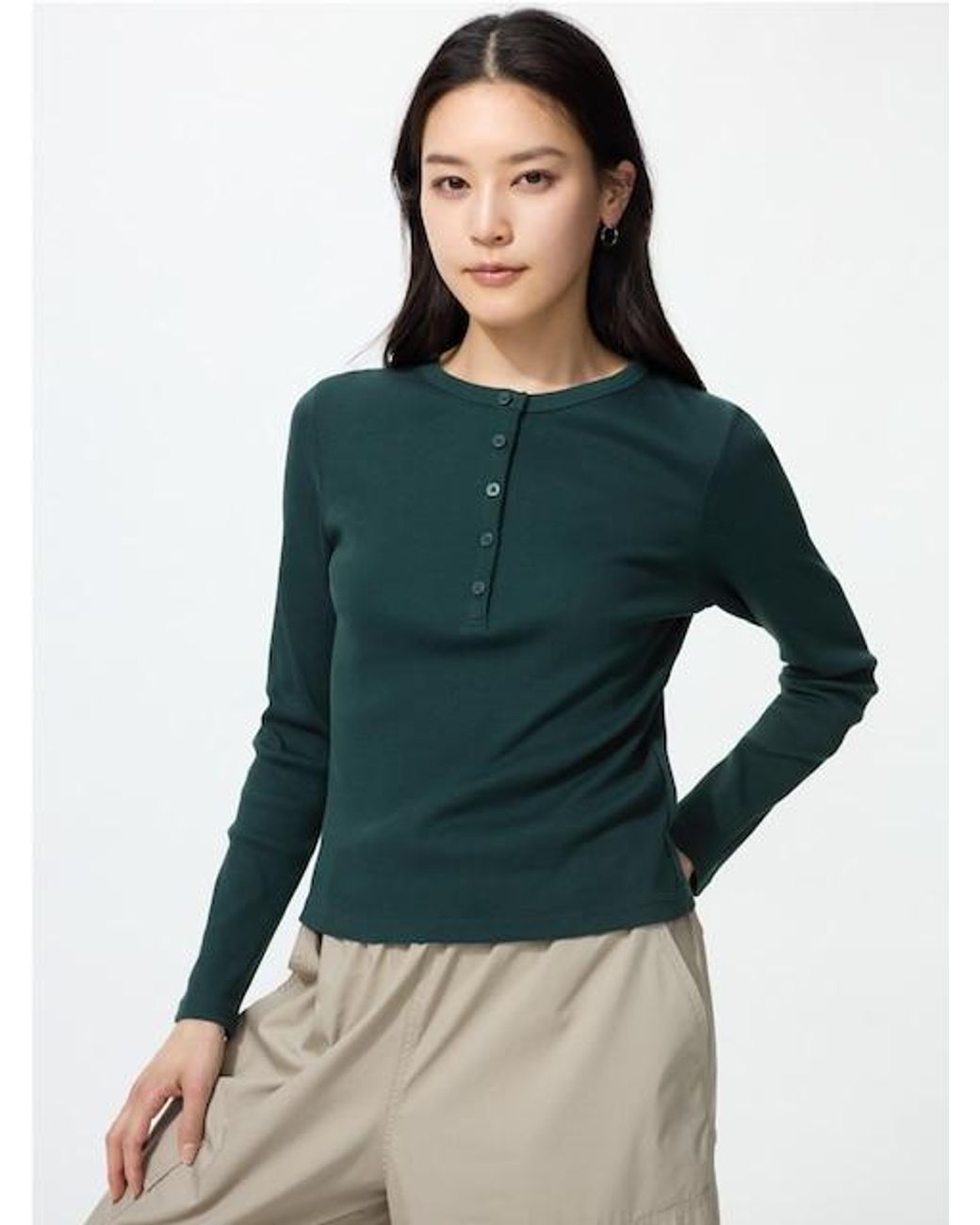 Uniqlo Green Ribbed Henley Neck Long Sleeve T-Shirt