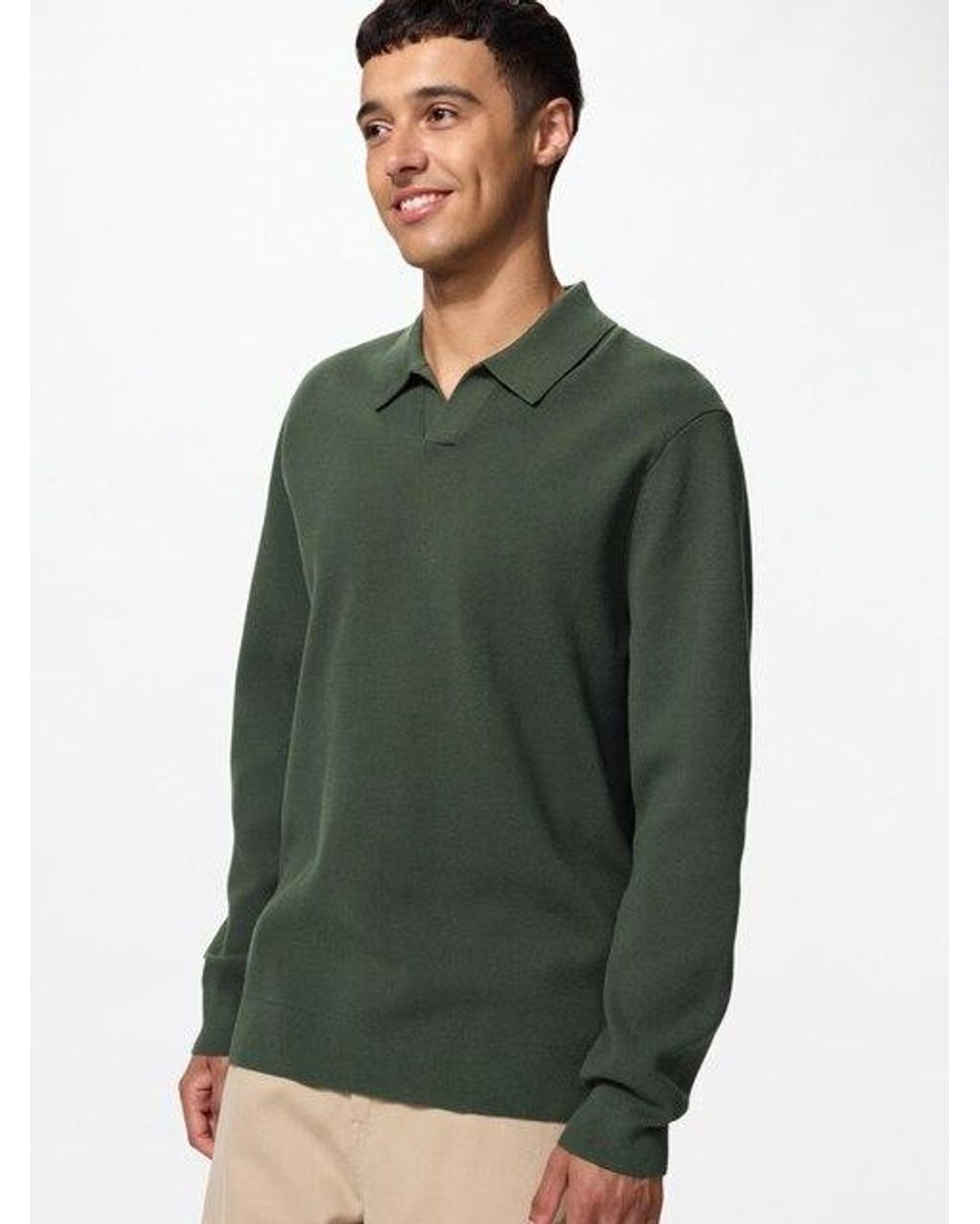 Uniqlo Green Washable Milano Ribbed Skipper Polo Jumper for men