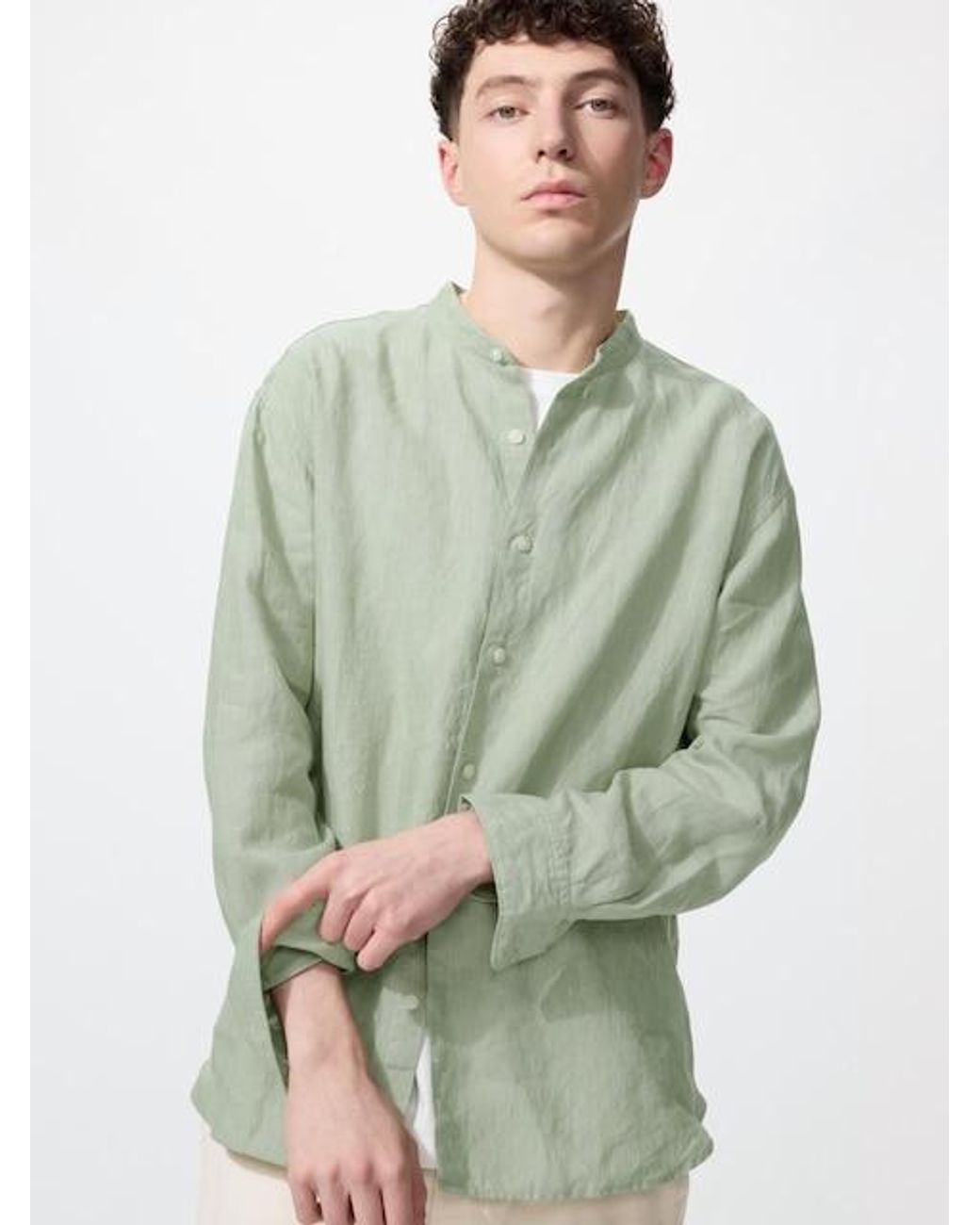 Uniqlo Green 100% Premium Linen Shirt (Stand Collar) for men