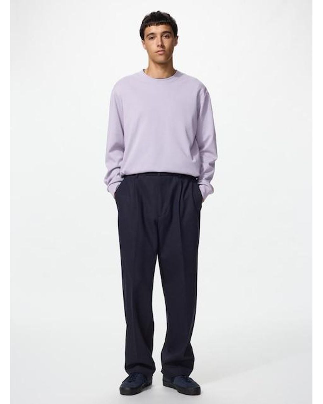 Uniqlo Blue Pleated Wide Trousers (Brushed Jersey) for men