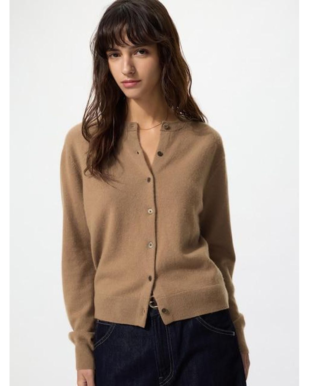Uniqlo Brown 100% Cashmere Crew Neck Cardigan