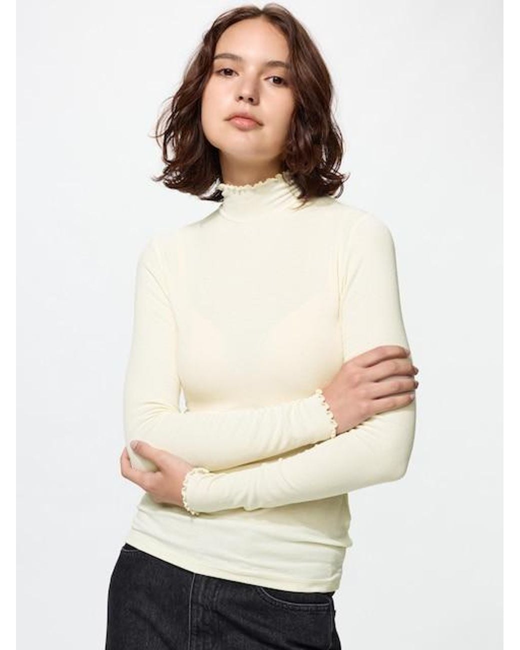 Uniqlo Natural Heattech Extra Warm Cashmere Blend Ribbed High Neck T-Shirt