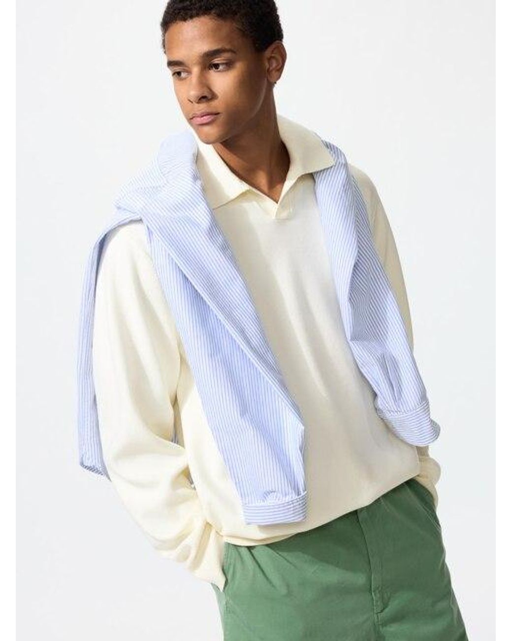 Uniqlo White Washable Milano Ribbed Skipper Polo Jumper for men