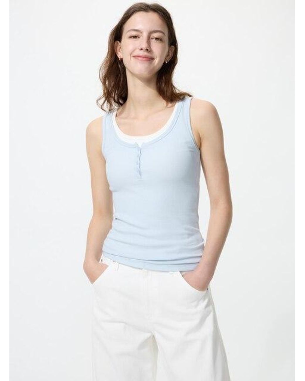 Uniqlo White Henley Neck Sleeveless Top