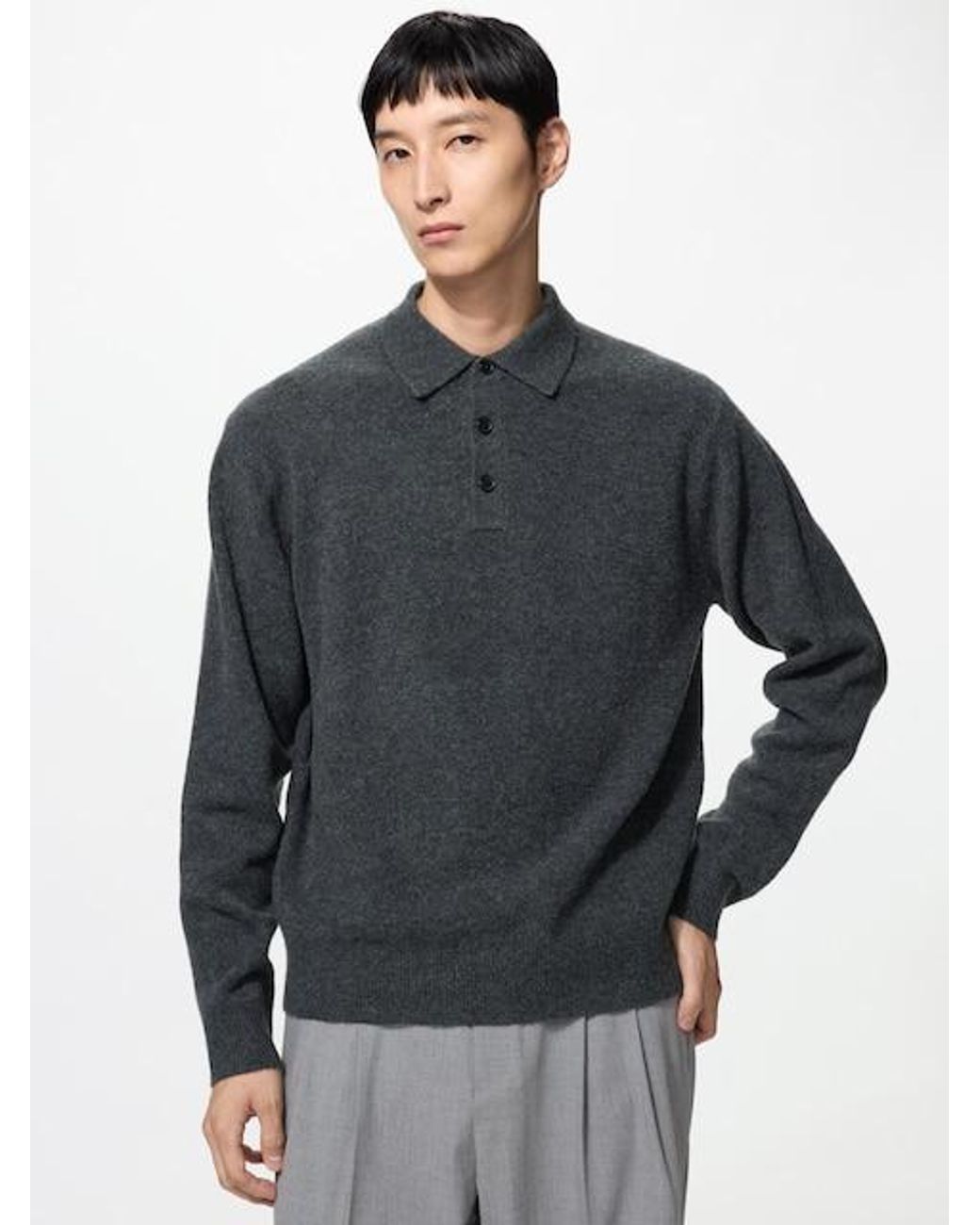 Uniqlo Gray Soufflé Yarn Polo Jumper for men
