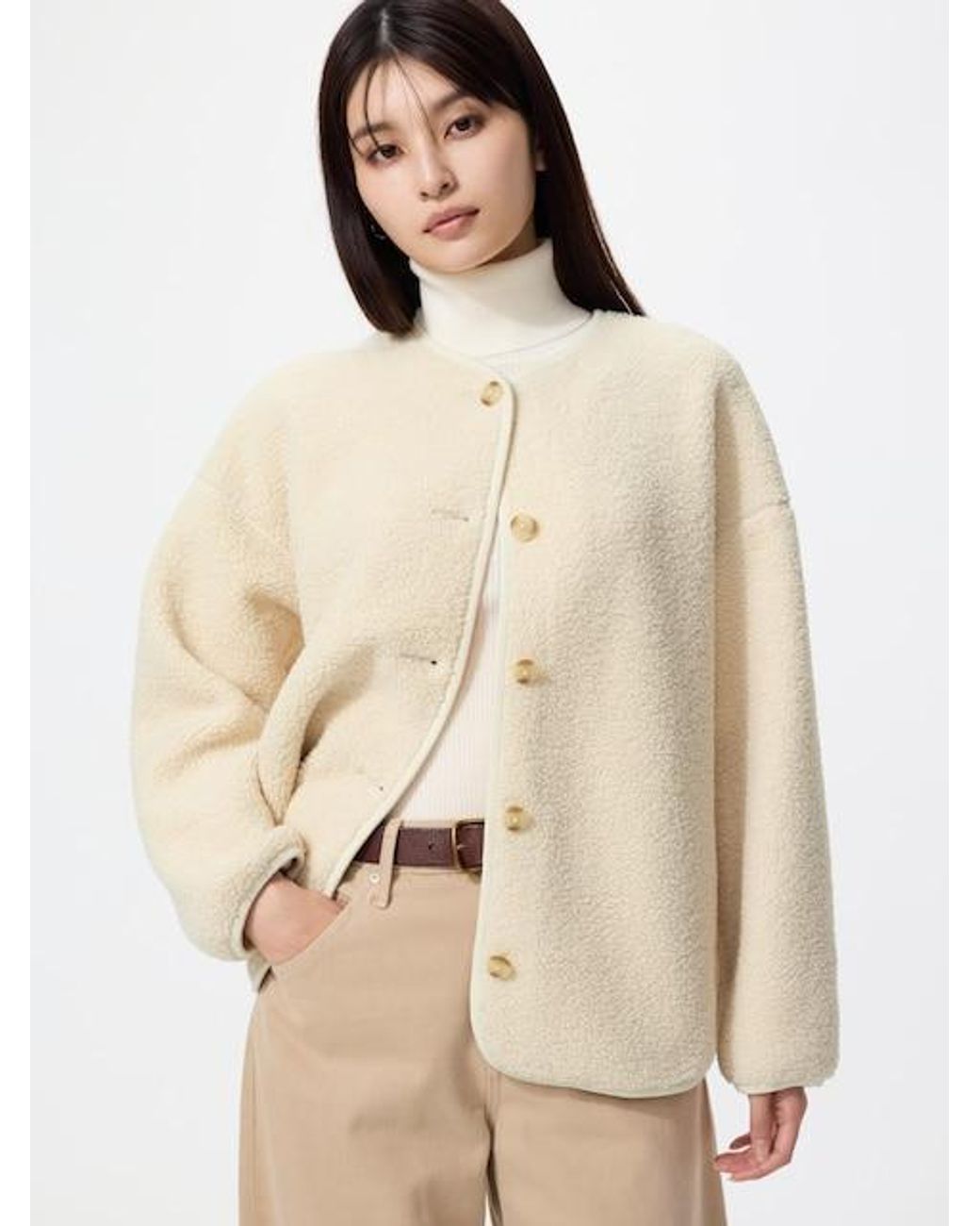 Uniqlo Natural Pile Lined Fleece Relaxed Cardigan