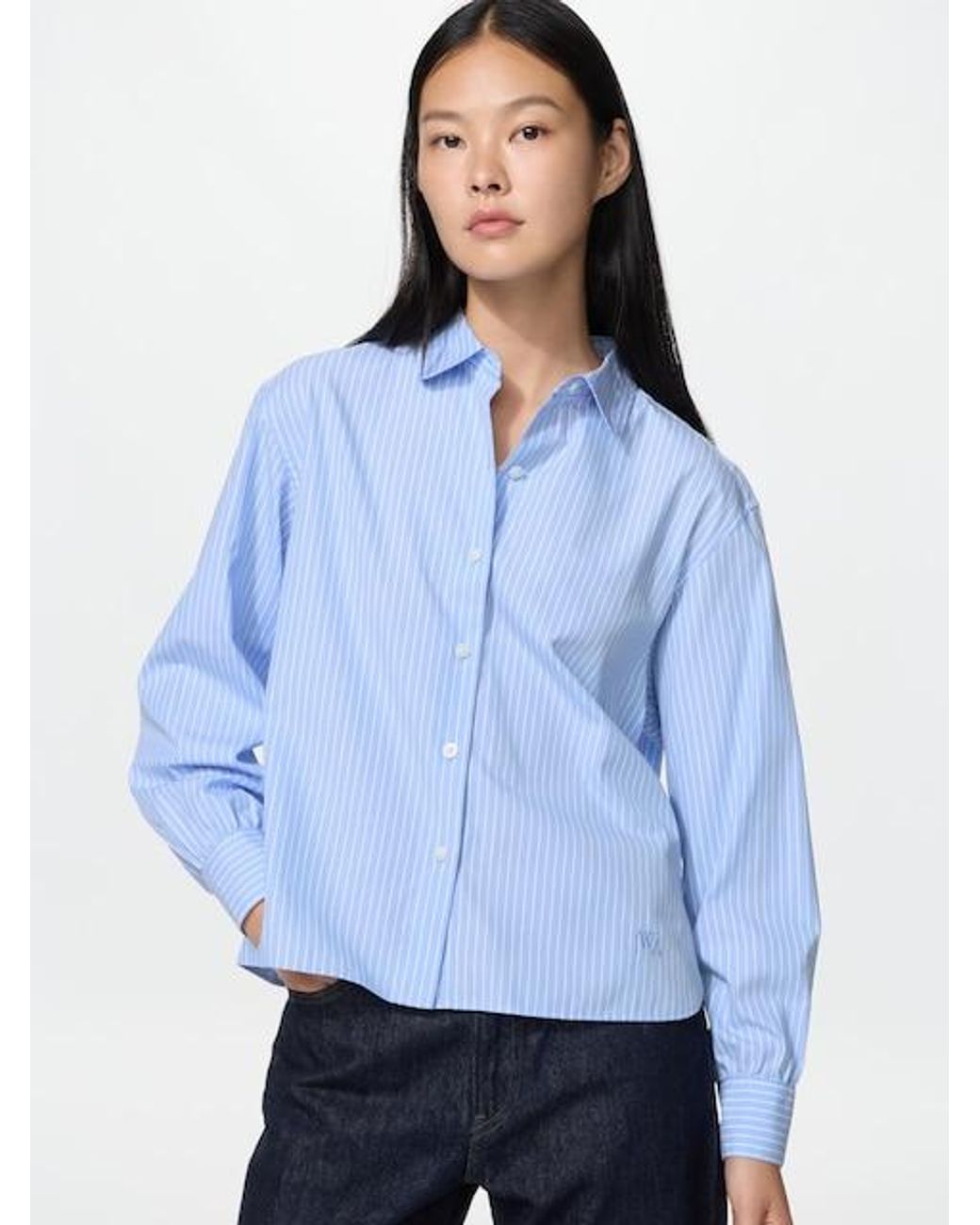 Uniqlo Blue Cotton Volume Sleeve Shirt (Striped)