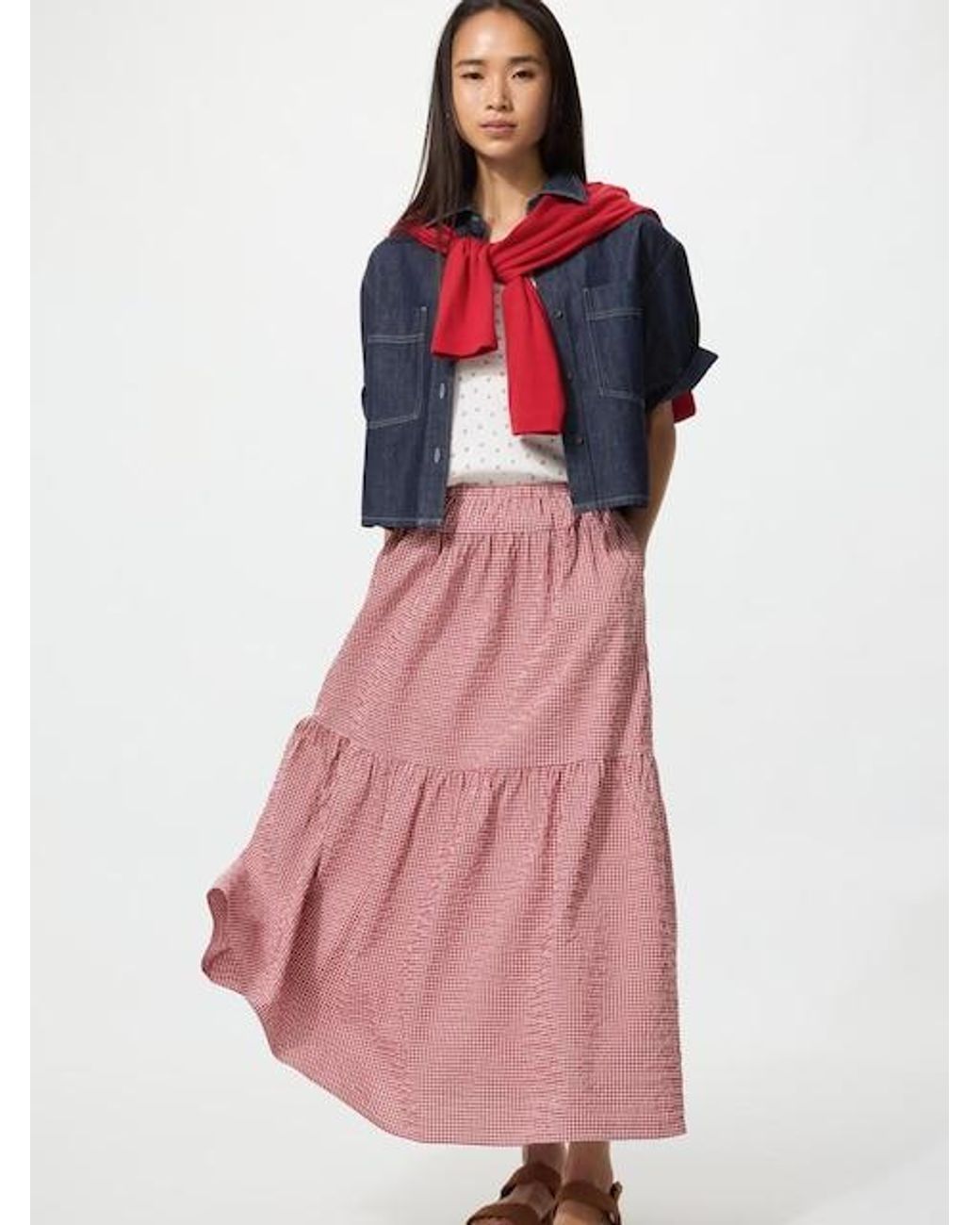 Uniqlo Pink Tiered Maxi Skirt (Gingham, Longer)