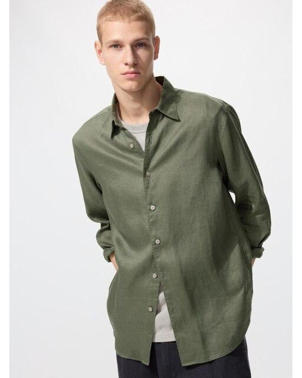 Uniqlo Green 100% Premium Linen Shirt for men