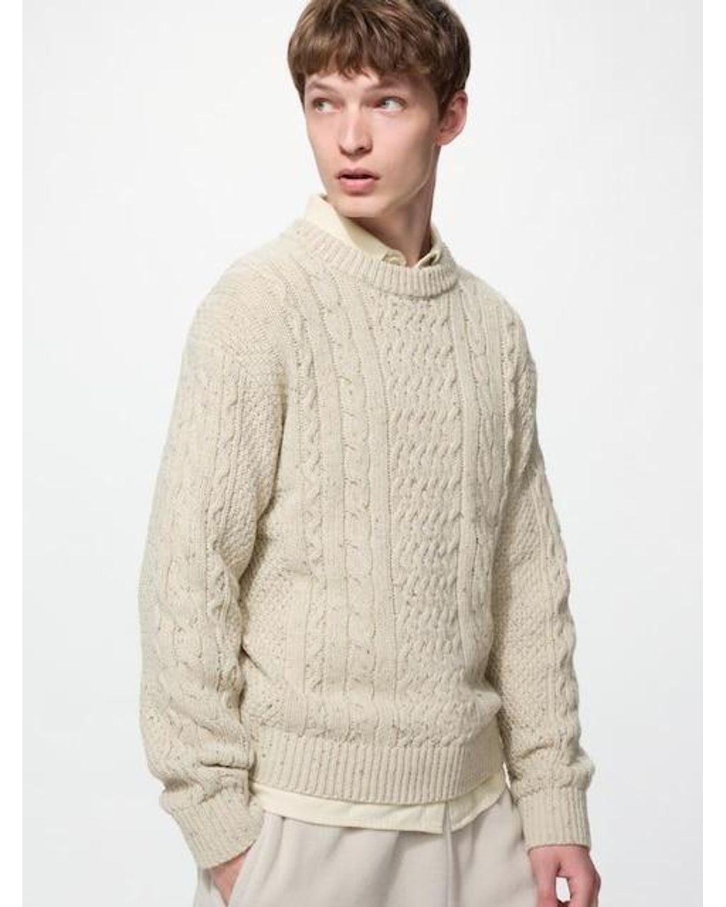 Uniqlo Natural Low Gauge Cable Knit Crew Neck Jumper for men