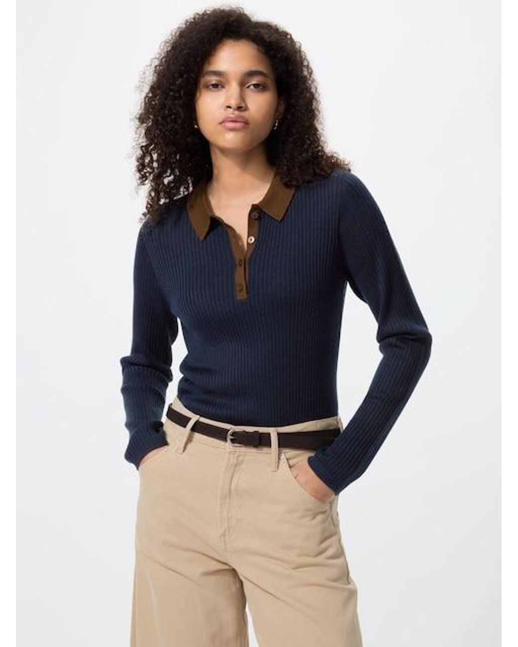 Uniqlo Blue 3D Knit Seamless Merino Blend Ribbed Polo Jumper