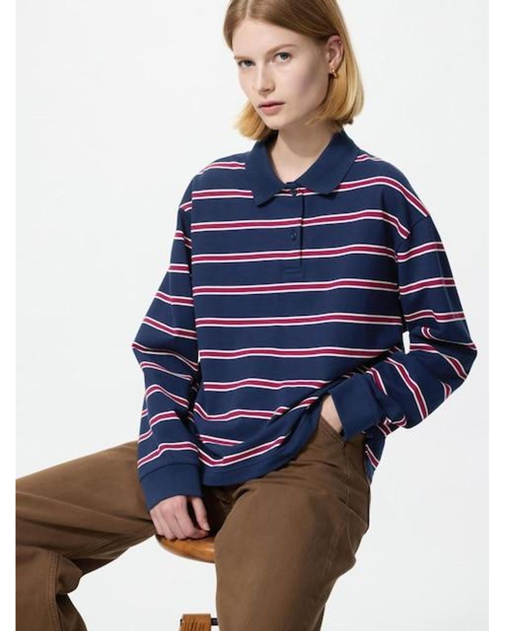 Uniqlo Blue Polo Shirt (Striped, Long Sleeve)