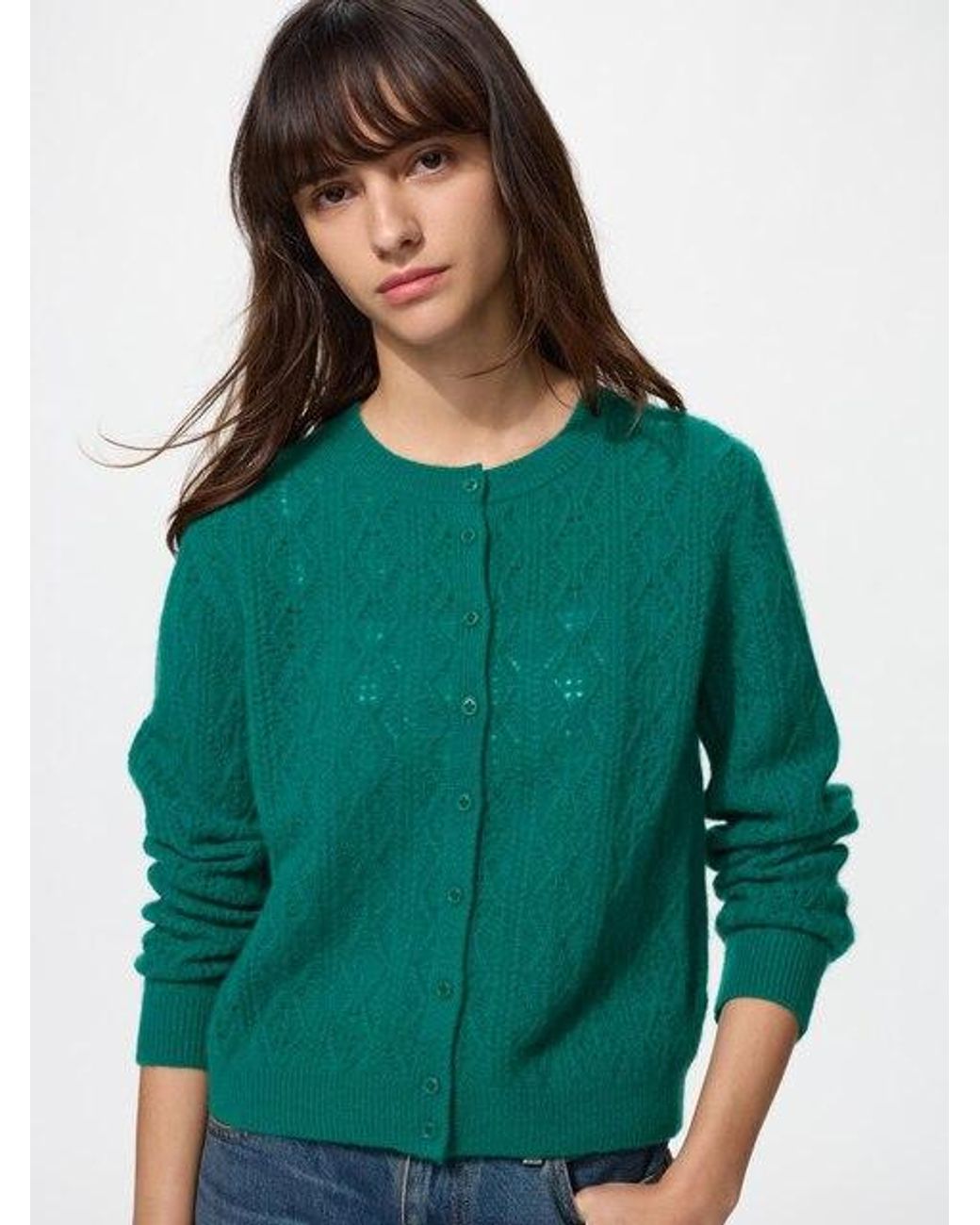 Uniqlo Green 100% Cashmere Pointelle Crew Neck Cardigan