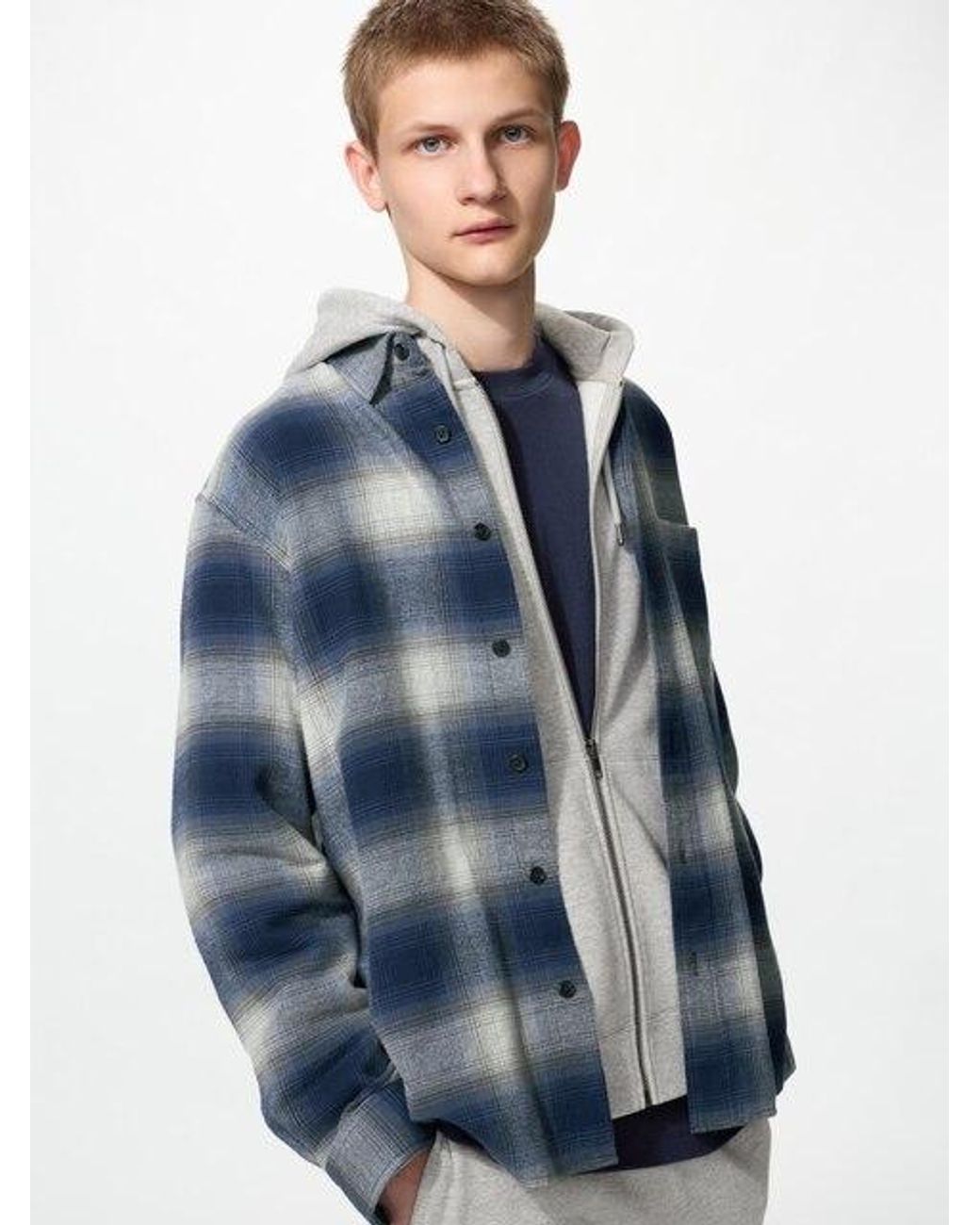 Uniqlo Blue Flannel Shirt (Regular Collar, Check) for men