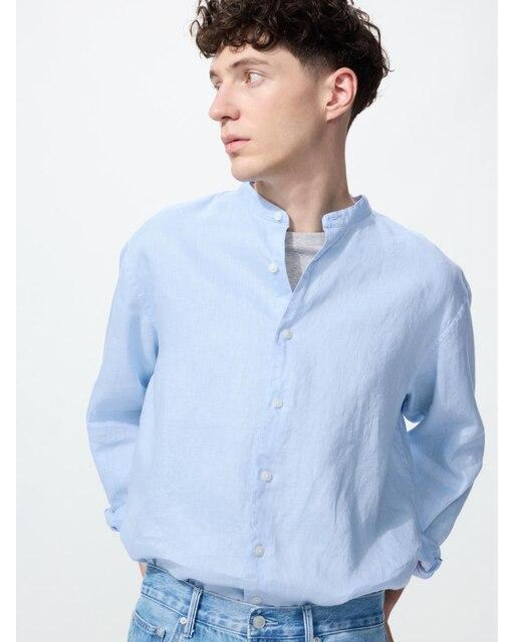 Uniqlo Blue 100% Premium Linen Shirt (Stand Collar) for men