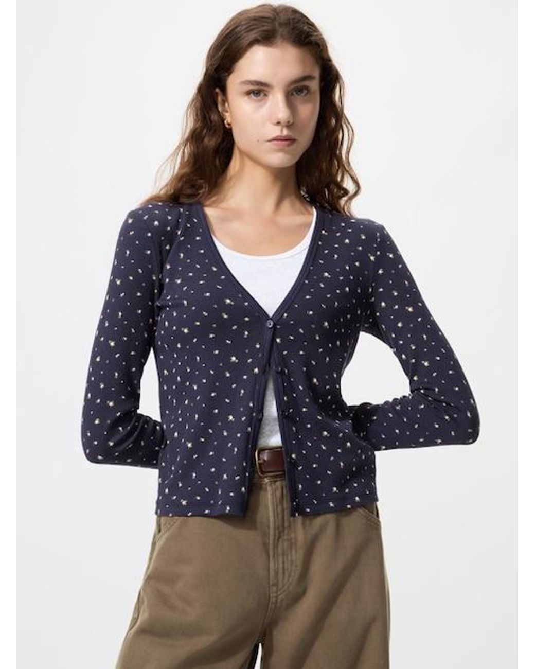 Uniqlo Blue Ribbed V Neck Cardigan (Printed)