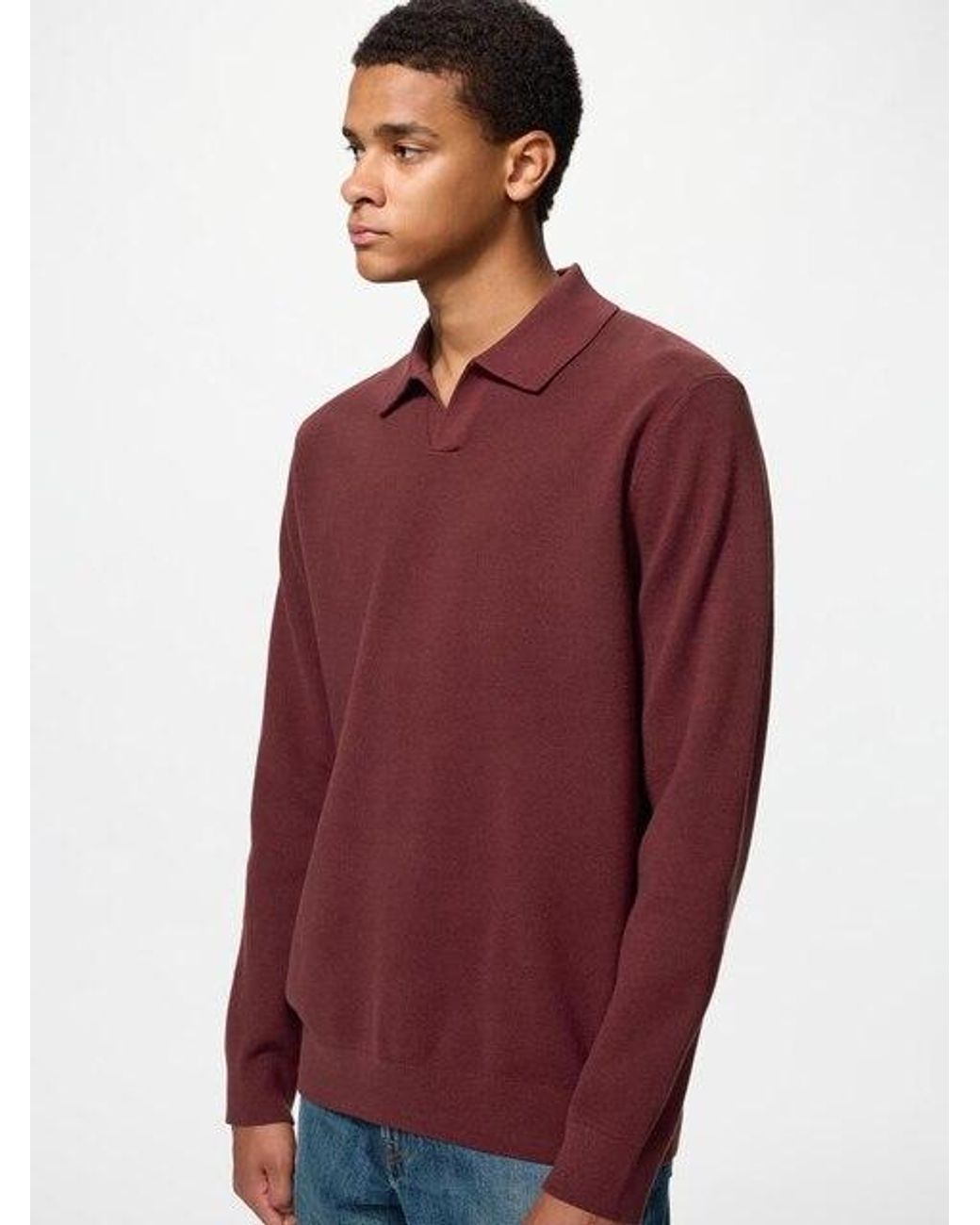 Uniqlo Red Washable Milano Ribbed Skipper Polo Jumper for men