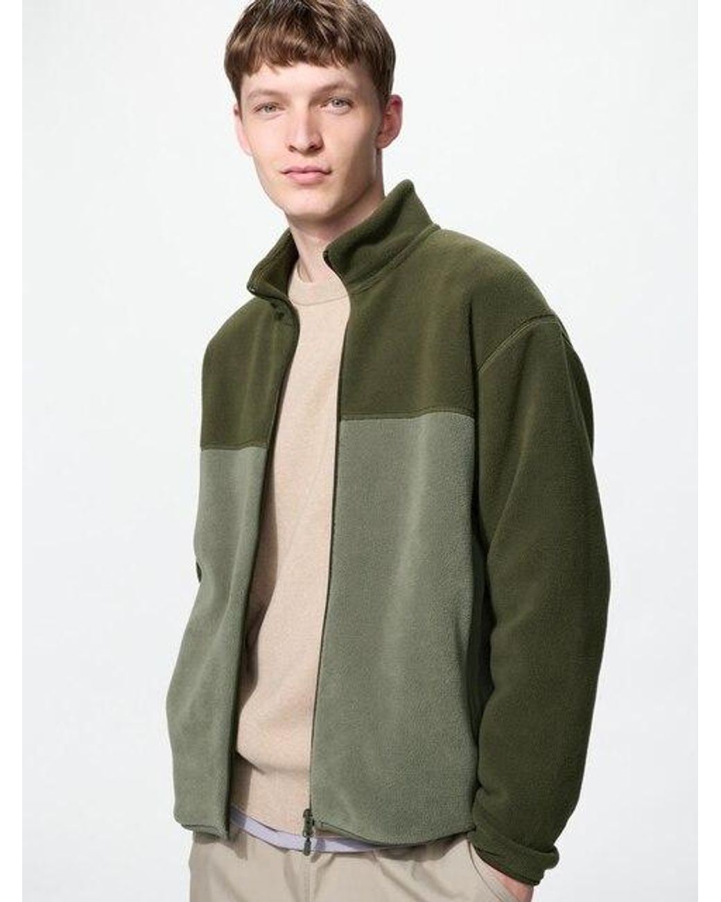 Uniqlo Green Fleece Full-Zip Jacket (Colour Block) for men
