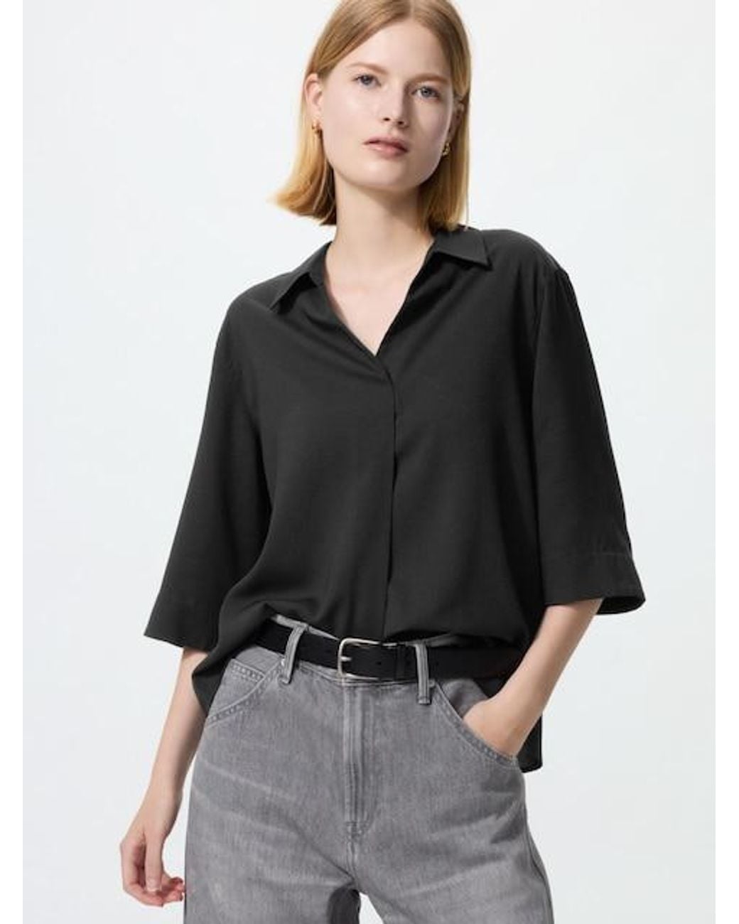 Uniqlo Black Rayon Skipper Collar Blouse (3/4 Sleeve)