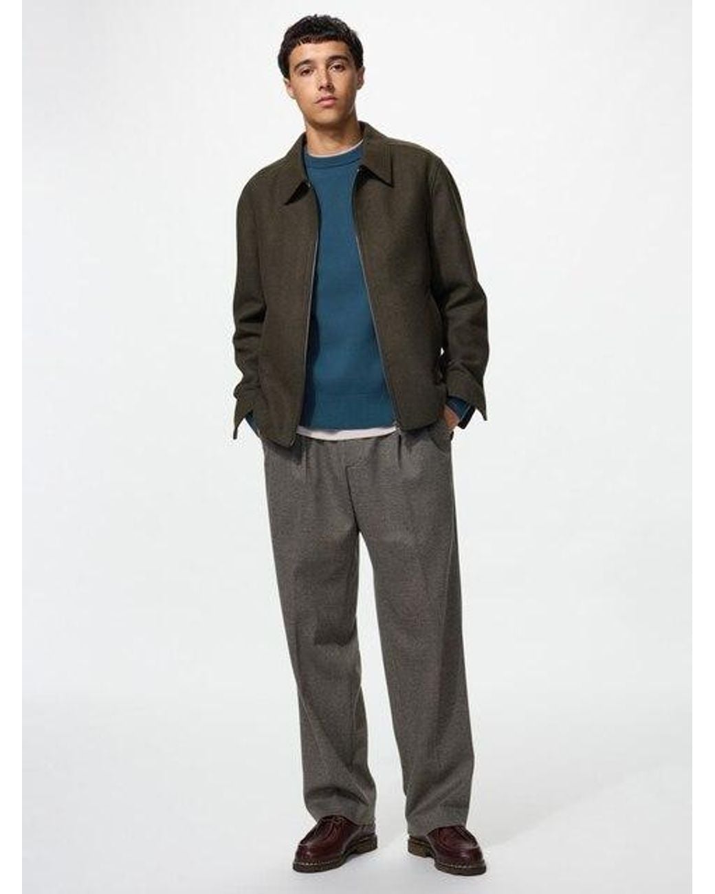 Uniqlo Brown Pleated Wide Trousers (Brushed Jersey, Houndstooth) for men