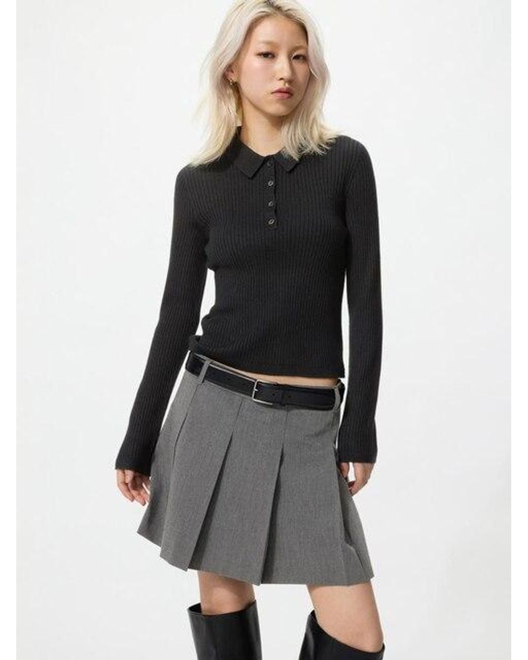 Uniqlo Black 3D Knit Seamless Merino Blend Ribbed Polo Jumper