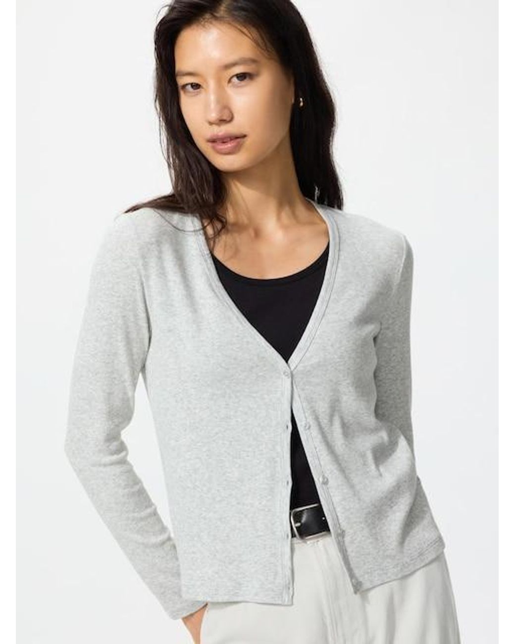 Uniqlo White Ribbed V Neck Cardigan